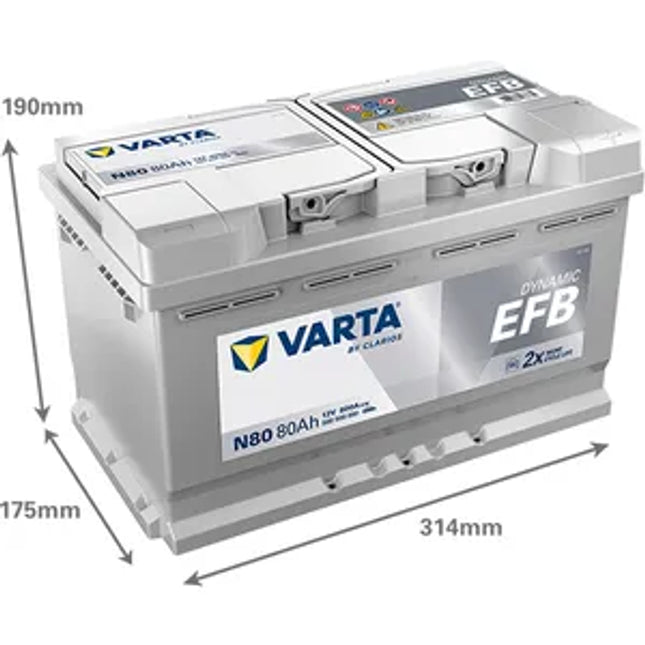 N80 Varta Dynamic EFB Start-Stop Car Battery 12V 80Ah (580500080) Type 110 - Powerland.co.uk