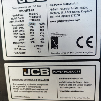 2019, G200RS JCB 220kva J Deere/Stamford