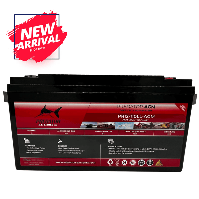 Predator Batteries 12v 110Ah AGM Battery – 3 Year Guarantee – Ultra Low Box Leisure Battery - Powerland.co.uk
