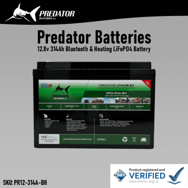 Predator Batteries 12v 314Ah Lithium LiFePO4 Battery – 8 Year Guarantee – Low Temperature Leisure Battery with Bluetooth & Heating